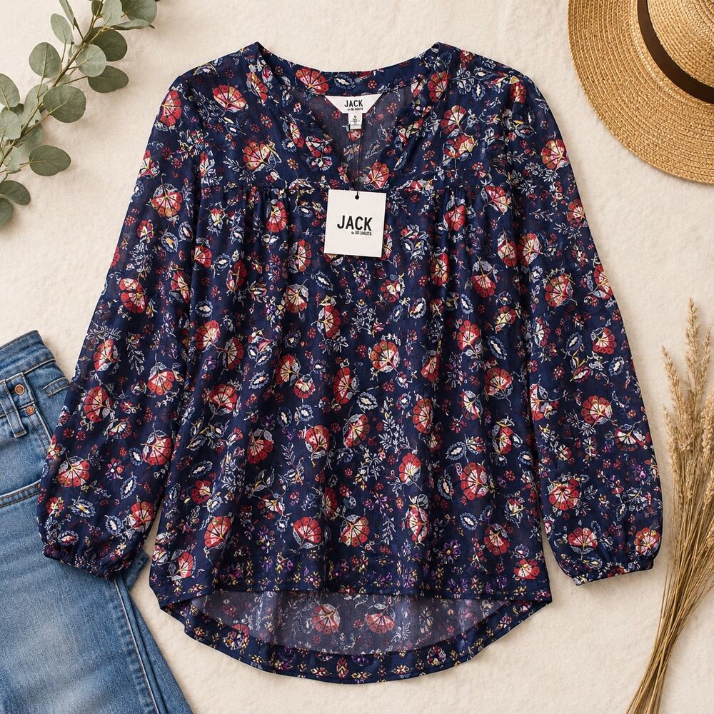 NWT Jack by BB Dakota Navy Floral Peplum Blouse Size Small